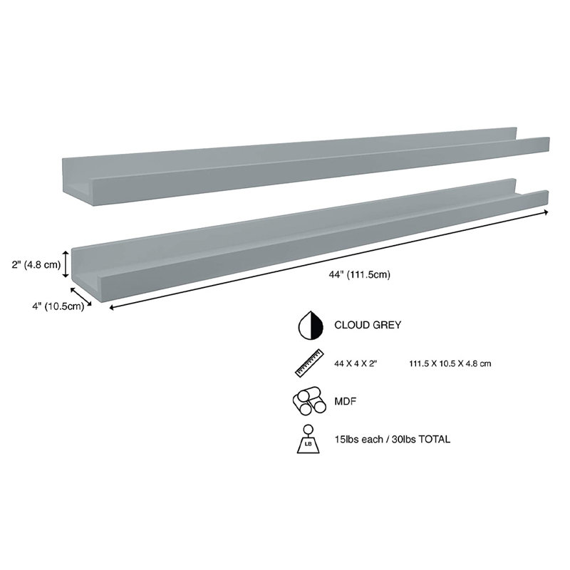 Elegant Gray 44" Engineered Wood Floating Wall Shelves, Set of 2