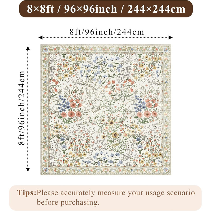 Tapis floral Eden Mughal, Beige, Carré 8 pi