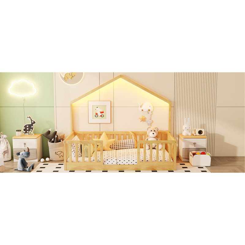 Lit simple au sol avec rails hauts et couleur naturelle, lumières à DEL, stable pour lit de repos,