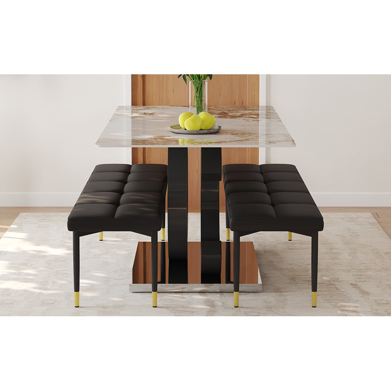  Ensemble de 5 tables de salle à manger en pierre frittée avec pieds en MDF en forme de O et deux bancs assortis, noir