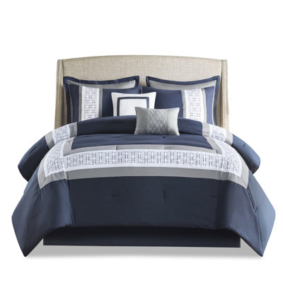 Queen 8 Comforter In Navy - Embroidered & Pieced Details Filling 2 Shams, Euro Decorative Pillows, Comforter, Machine Washable 8 Piece Bedding With Embroidery , Pillows Sophisticated Bedroom Look