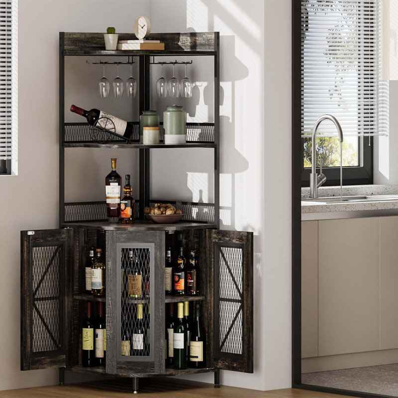 64" Tall Corner Bar Cabinet with LED Strip – 5-Tier Industrial Cabinet with Power Outlet & Glass Holder, Wine/Display Cabinet for Small Spaces