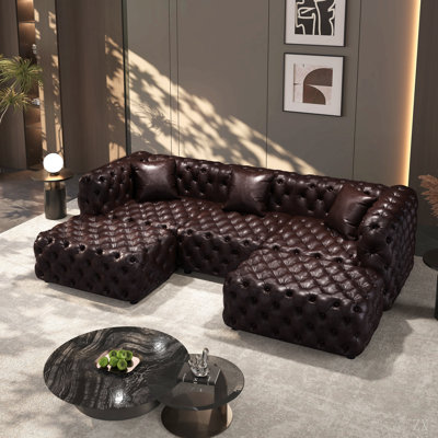 Ensemble de canapé moderne 105,7 po, canapé modulaire rembourré 3 places en similicuir avec conception touffetée à la main pure, 2 repose-pieds et 3 coussins, combinaison multiple pour le salon