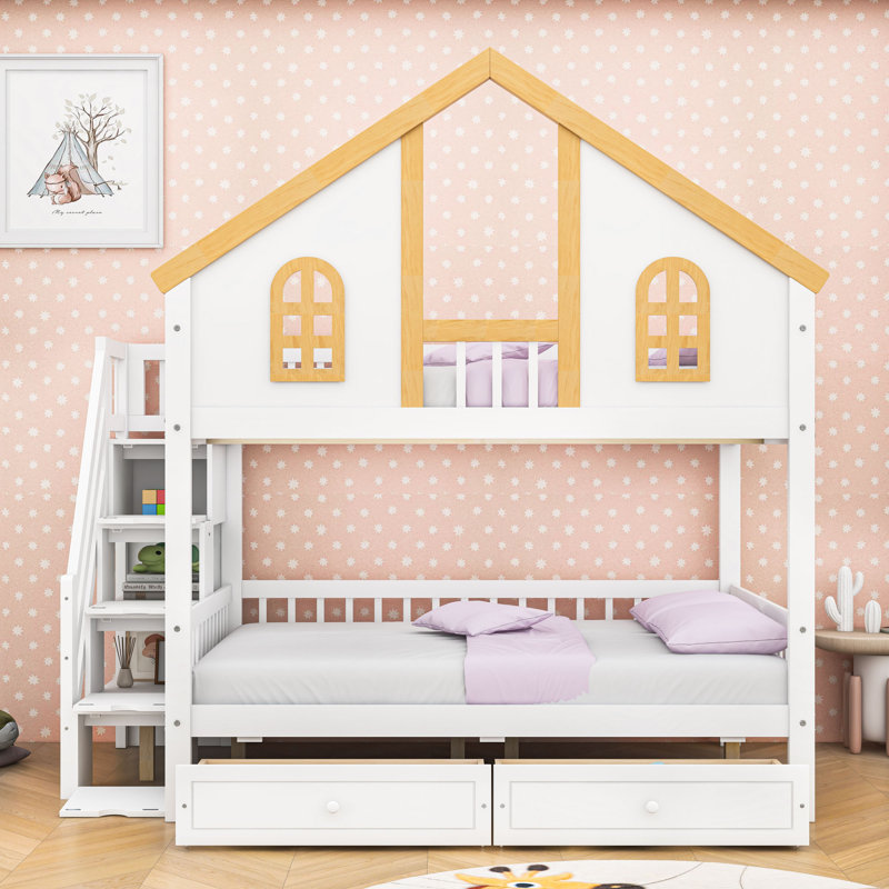 Wooden Bunk Bed with Window Door and Roof, Storage Drawers and Staircase, Full Over Full