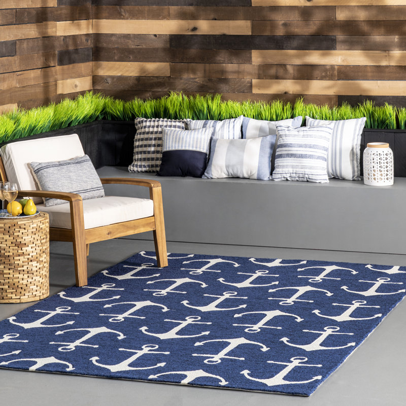 Tapis intérieur / extérieur bleu fait à la main à motif géométrique Powellsville, Rectangle de 8 pi x 10 pi