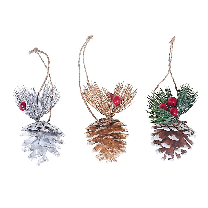 Set of 6 Plastic Pinecone Holiday Ornaments with Berries