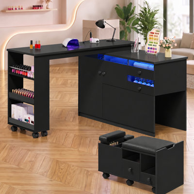 360° Reversible Manicure Table with Pedicure Stool, LED Lights, Storage Cabinets, Drawers and Open Shelves