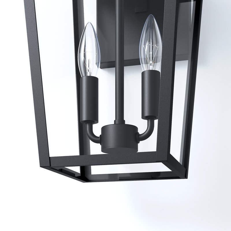 Applique murale extérieure noire à 2 lumières, 51 cm (20 po) de hauteur, avec abat-jour en verre transparent étanche.