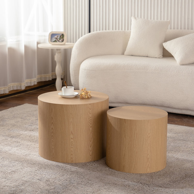 Round Wooden Nesting Coffee Table, Natural Wood