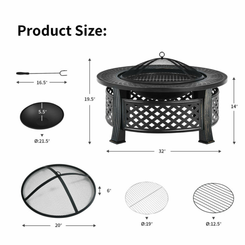Outdoor Black Round Patio Fire Pit with Cooking BBQ Grate and High-temp Resistance Mesh Screen