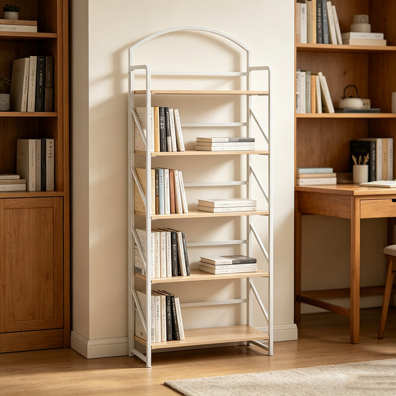 Arched Bookshelf, 5 Tier Folding Bookcase Storage Organizer, No Assembly Book Shelf, Oak