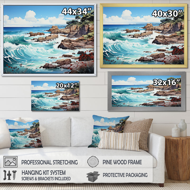 «Blue Beach Waves Fusion II», reproduction sur toile, H 30 po x l 40 po x P 1,5 po, Cadre flottant doré