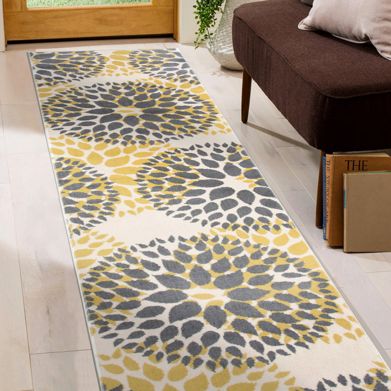 Tapis à motif floral jaune / gris foncé / ivoire, Tapis de couloir 2 pi x 7 pi 2 po
