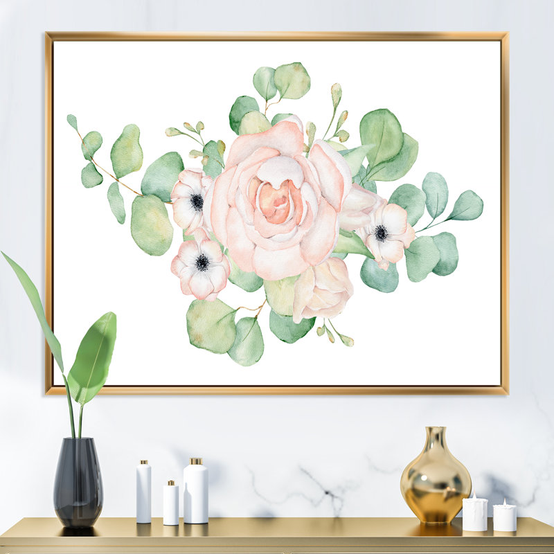 Fleurs et bouquet de feuilles d'eucalyptus II - Peinture sur toile, H 16 po x l 32 po x P 1 po, Cadre flottant doré
