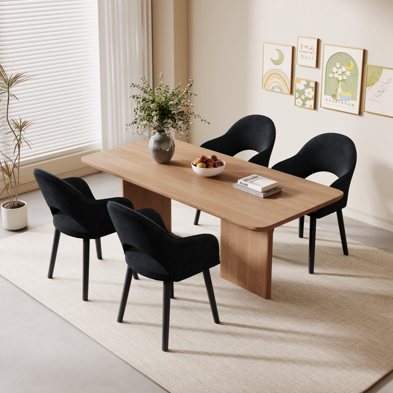 49.5cm H Luxury Fabric Upholstered Dining Chair with Wooden Legs, Black Velvet/Black, 4