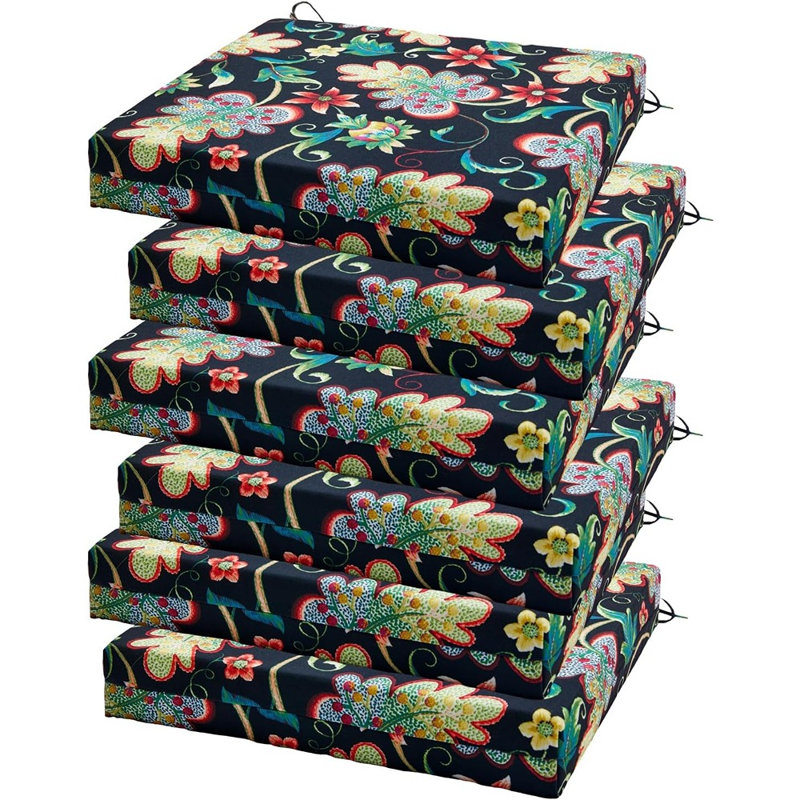 Coussins de chaise d'extérieur avec attaches, coussins de siège résistants à l'eau, mousse haute densité, motif floral noir