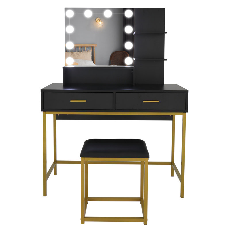 Large Makeup Vanity Set With 10 Led Bulbs, Cushioned Stool, 3 Storage Shelves And 2 Drawers