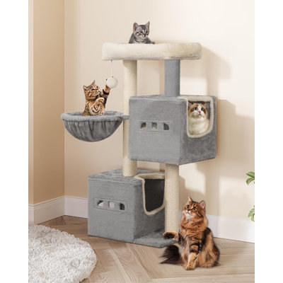 Cat Tree, 98 cm Tower, Sisal Scratching Post, Cats Tower for Indoor, Multi-Level Stable Cat Tree with Cats House, 2 Caves, Pompoms,  Dark Grey, Light Grey