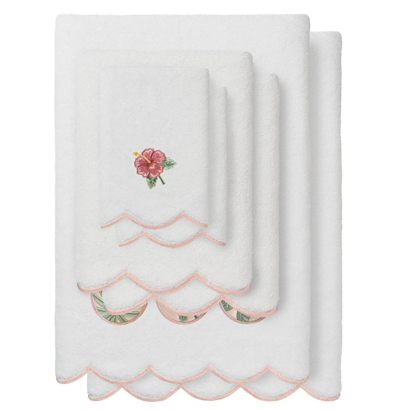  100% Turkish Cotton MAUI Scallop 6PC Embellished Towel Set, 6 Piece Towel Set, White/Pink