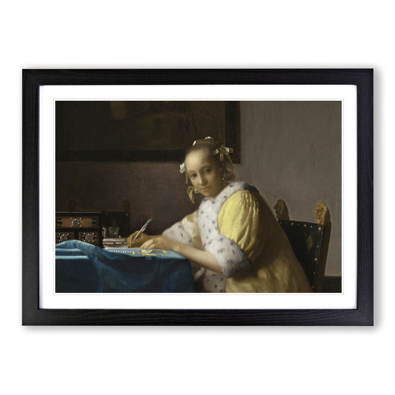 A Lady Writing a Letter by Johannes Vermeer - Picture Frame Painting, 27cm H x 36cm W x 2cm D, Black Framed