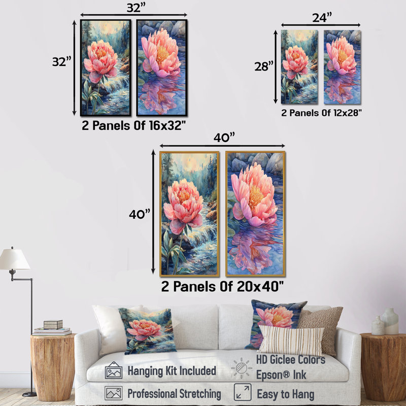 Pivoines et la rivière de montagne III - Art mural floral 2 pièces, H 40 po x l 41 po, Impression encadrée flottante, Noir