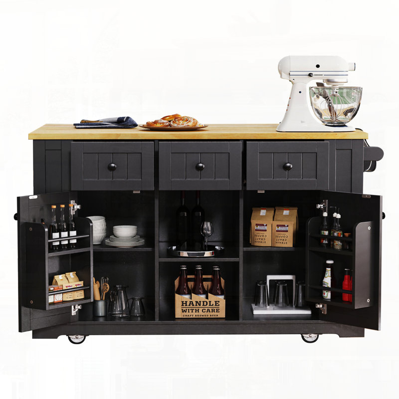 Rolling Kitchen Island with Drop Leaf and Open Side Storage Racks, Black