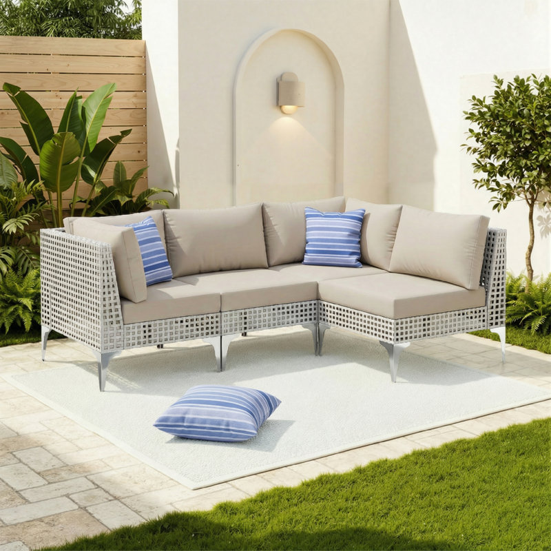 Ensemble de conversation modulaire d'extérieur en forme de L avec coussins pour l'extérieur, canapé en osier moderne à tissage ouvert