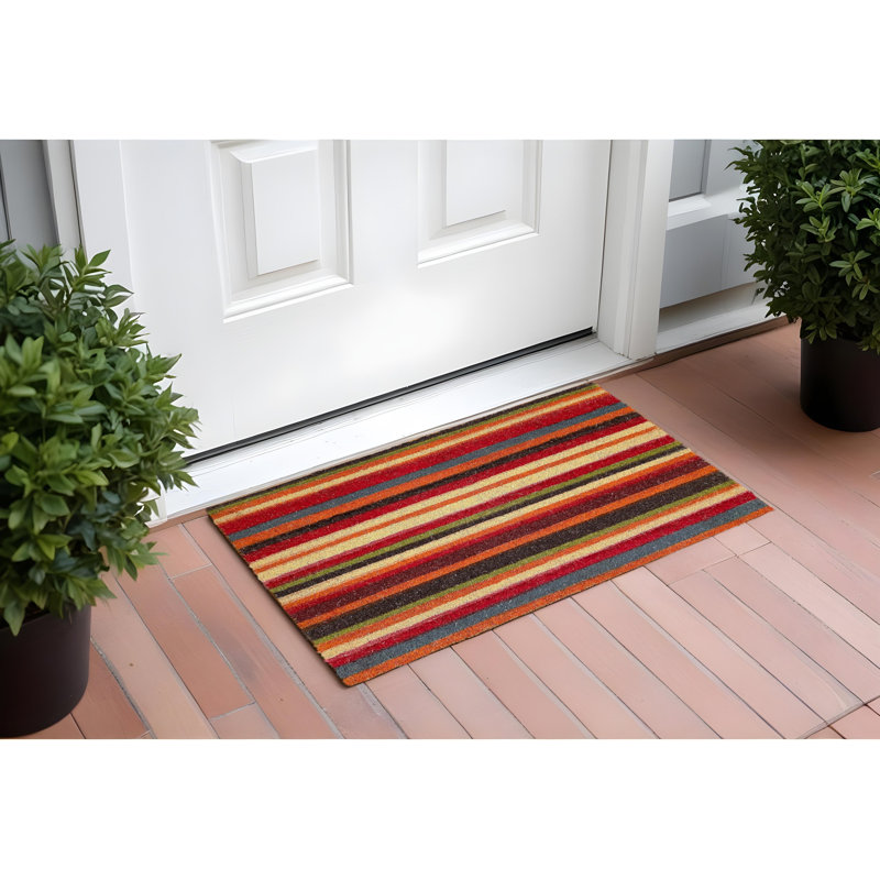 17" X 29" Red Orange and Natural Coir Striped Outdoor Door Mat