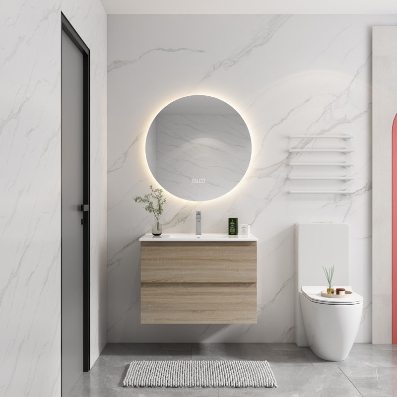 Meuble-lavabo mural simple avec lavabo en céramique, 30", Chêne clair