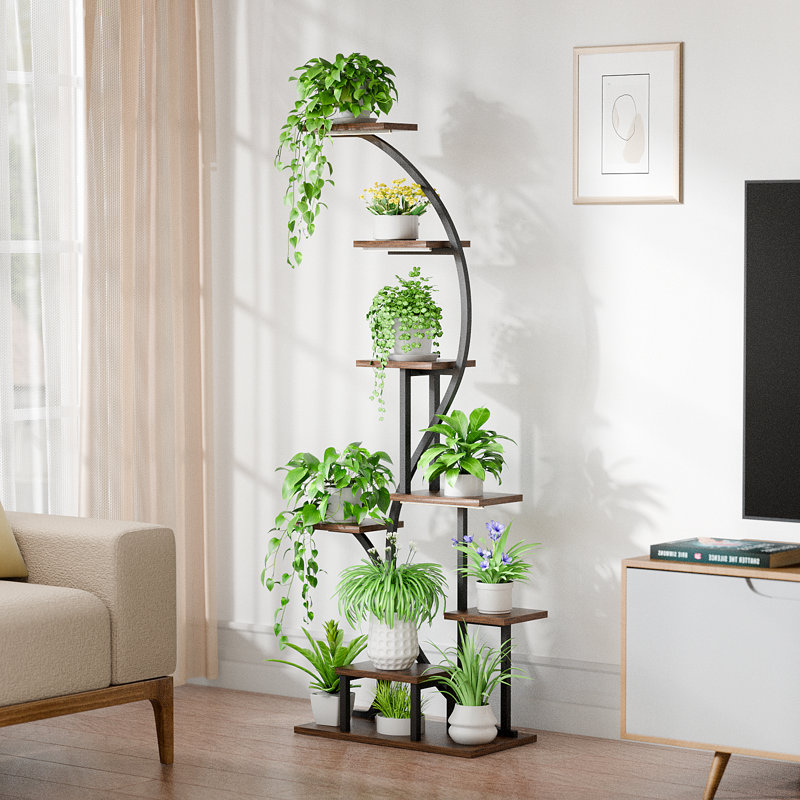 65" Tall Black Metal and Wood 6-Tier Plant Stand with Grow Light