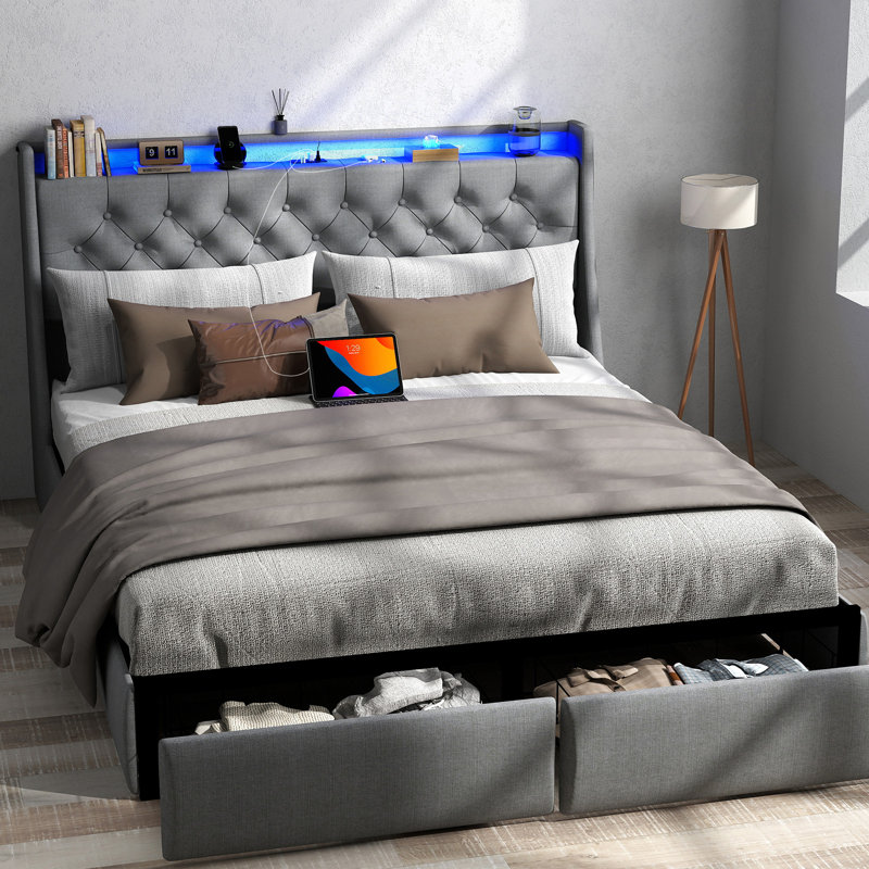 Gray Queen Upholstered Bed Frame with LED Lights and Storage