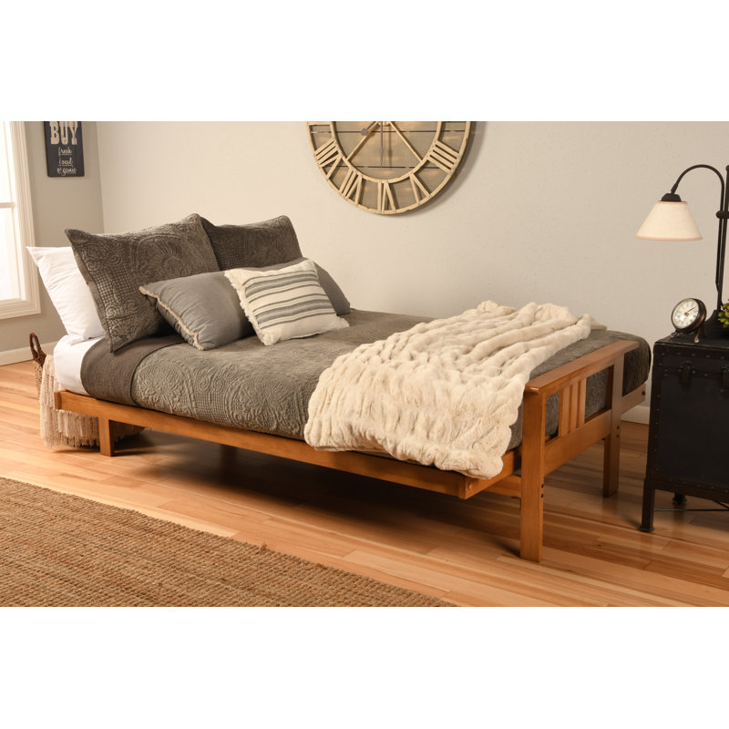 Lakel Full-Size Futon Frame Includes 6" Innerspring Mattress, Butternut, Gray Polyester
