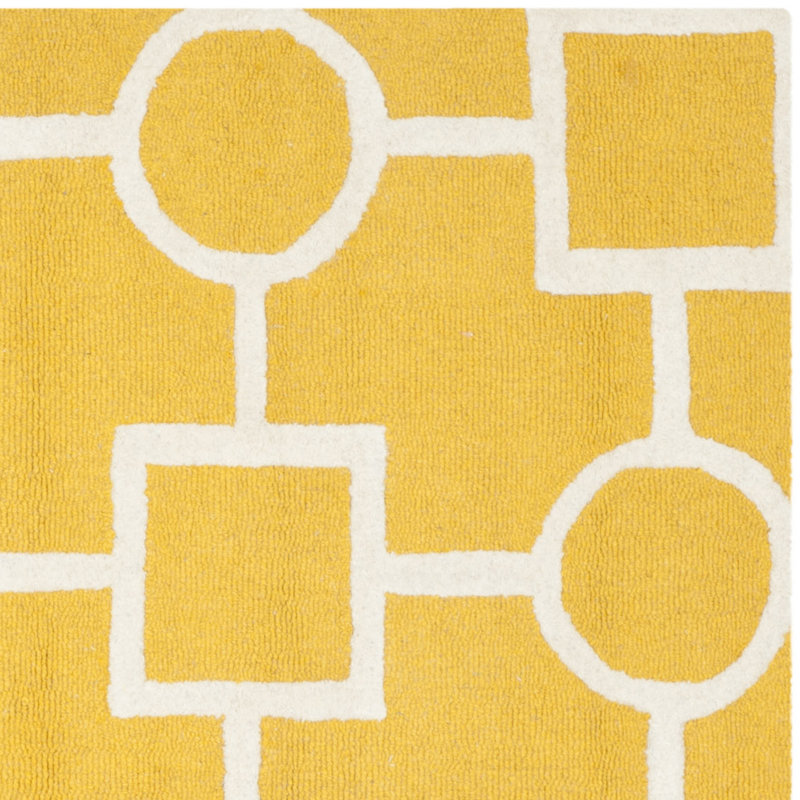 Gold and Ivory Hand-Tufted Wool Geometric Square Rug