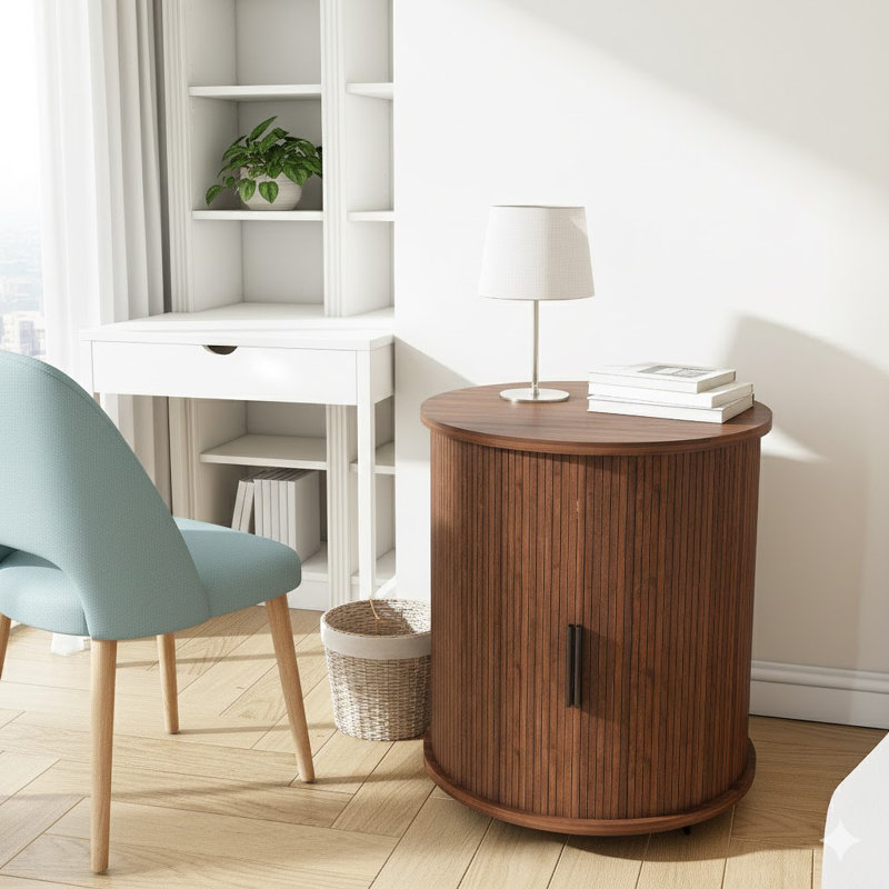 Mid Century Modern Cylinder End Table With Built-In Charging Station & Sliding Door, 2-Tier Storage Round Nightstand With USB Ports, Walnut Bedside Table For Living Room, Bedroom, Entryway