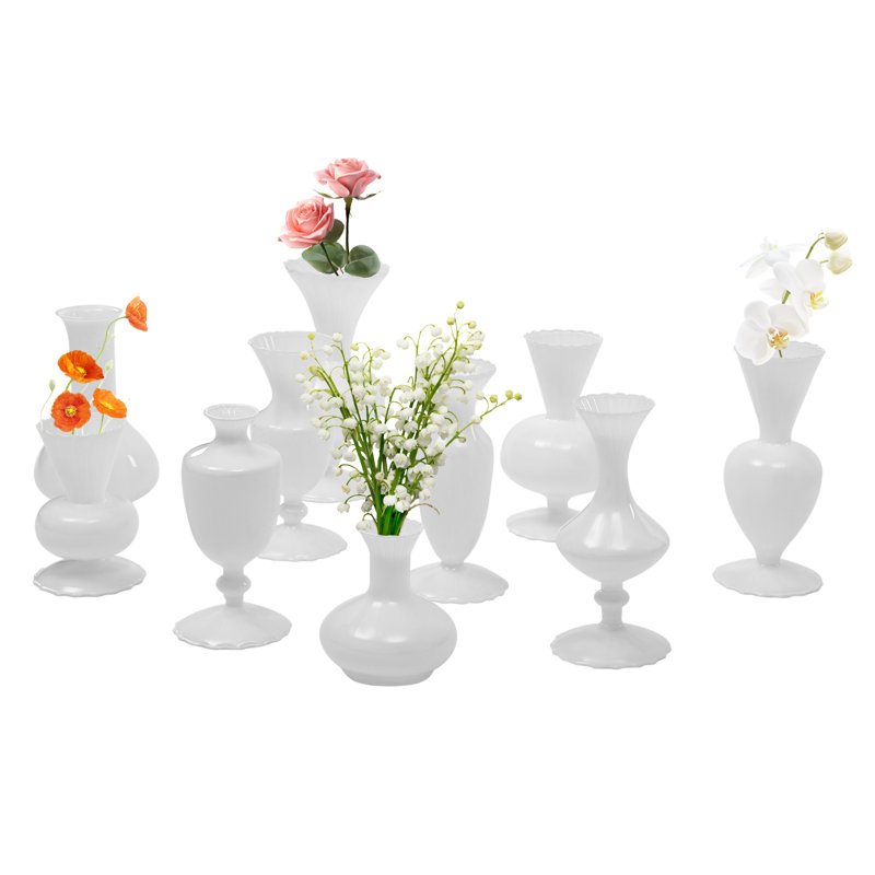 Arretta Modern Glass Table Vase for Wedding, Home Decor, Centerpieces, and Floral Arrangements (Set of 10), White