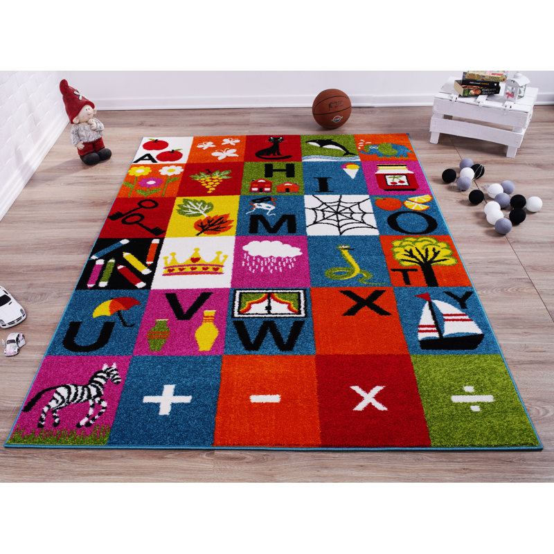 Tapis bleu / orange / rouge à motif géométrique Kindig, Rectangulaire 3 pi 11 po x 5 pi 3 po