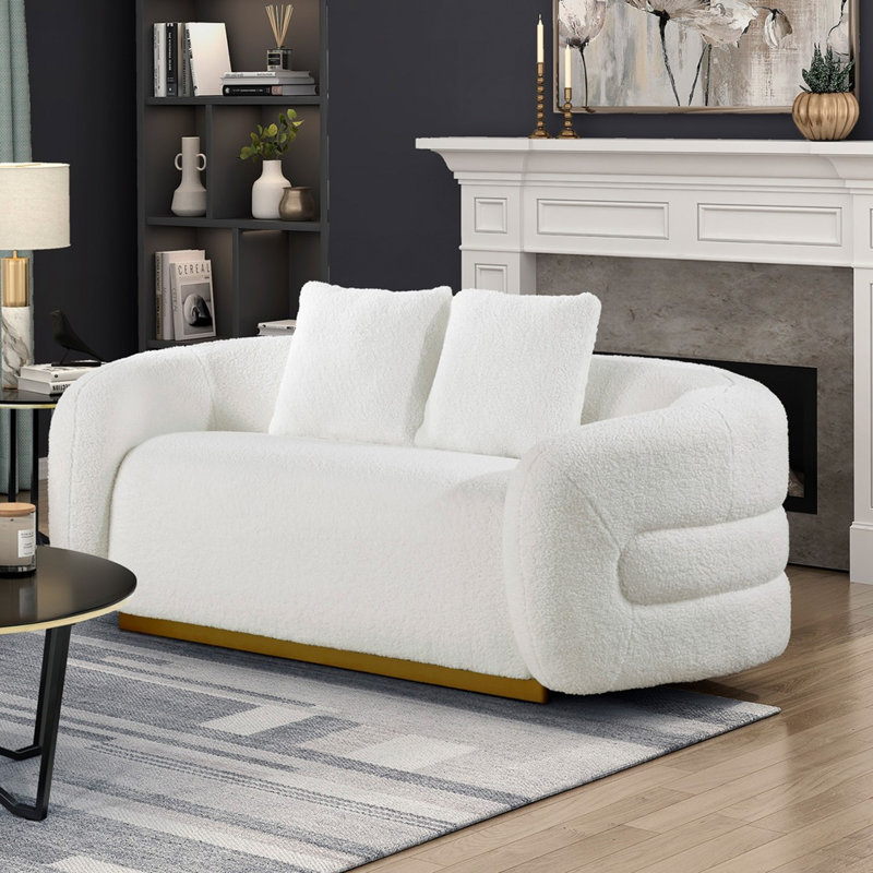 Canapé Novy, 4 coussins décoratifs, sherpa blanc, doré, 93 po
