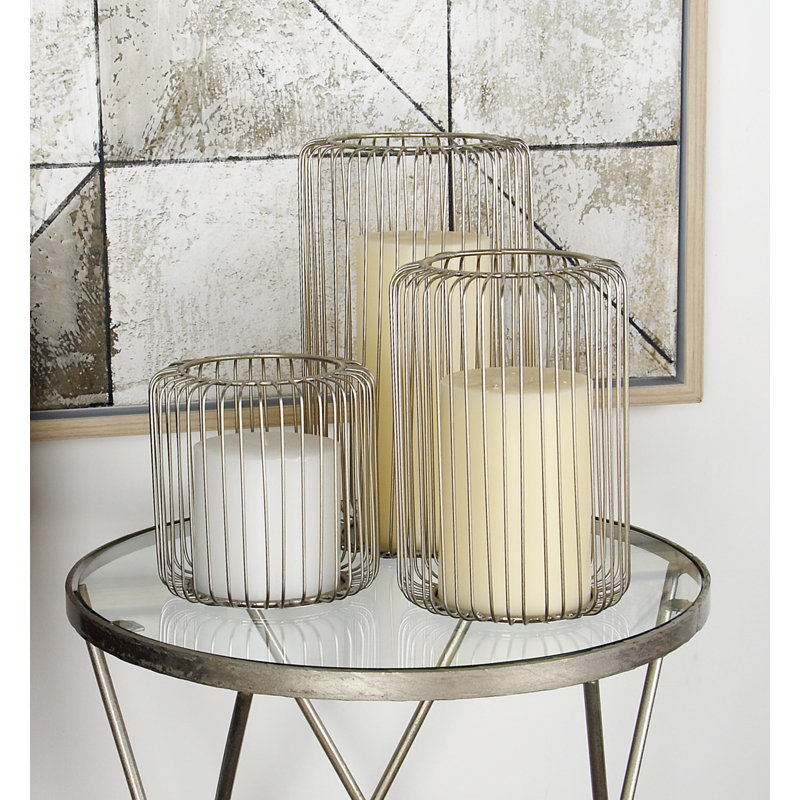 Silver Metal Cage Style Hanging Hurricane Candle Lantern Set