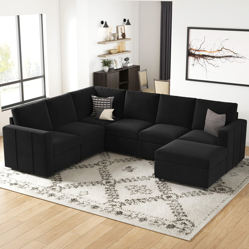 Canapé de coin convertible en forme de L en chenille 8 pièces Seybert, Velours noir