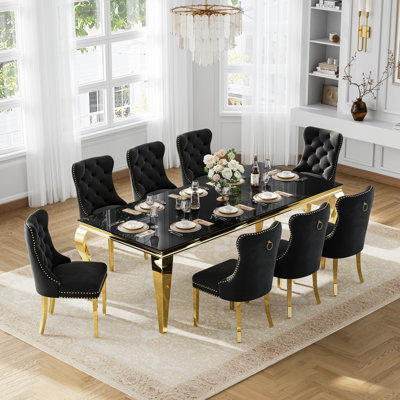 Large Dining Set, 9-Piece Modern 94" Black Tempered Glass Dining Table, 8 Velvet Chairs With Tufted Back And Nailhead Trim, Mirror Stainless Steel Legs