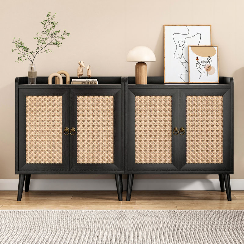 Sideboard Buffet Cabinet with Storage, Bar Liquor Cabinet with Rattan Decorated Doors, Credenza Console Tablefor Dining Room, Living Room,Hallway