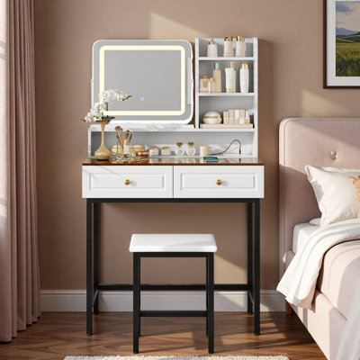 Coiffeuse de maquillage avec miroir lumineux à DEL, miroir rotatif à 360 °, 2 tiroirs, prise de courant, tablettes à 3 niveaux, plateau de table en verre ambré, pieds et tabouret en métal robustes