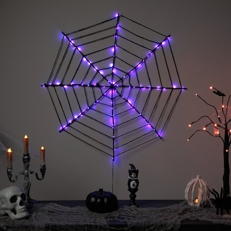 Décoration d'Halloween en toile d'araignée noire 16 "avec lumières DEL mauves