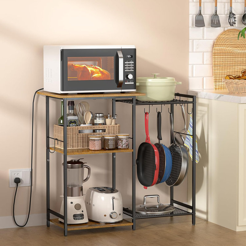 Kitchen Stand With Pots Rack, Utility Microwave Oven Stand With Storage, Rustic Brown