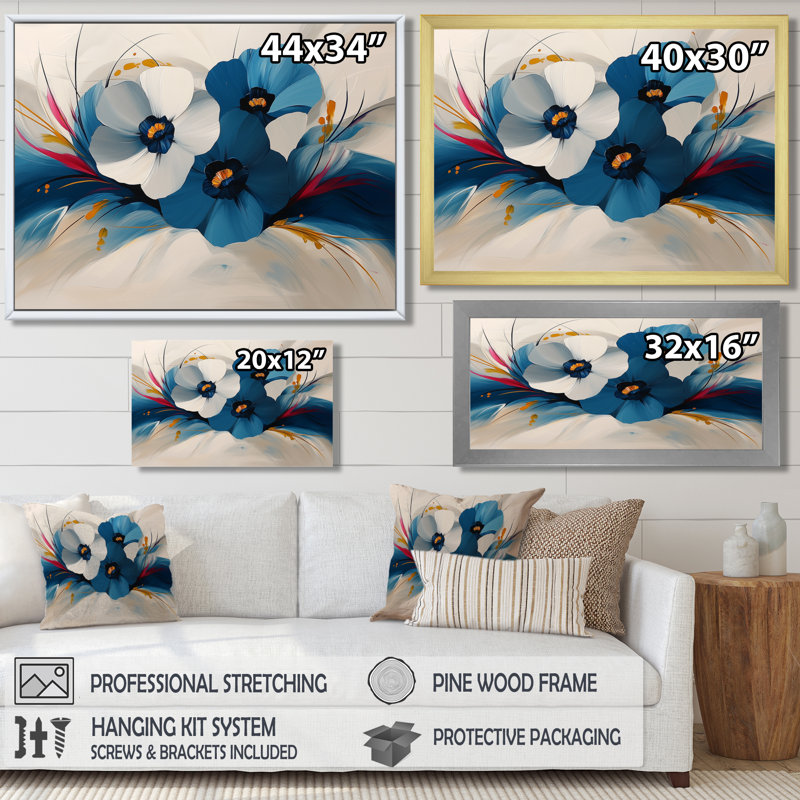Velvet Blue Poppies Drop - Art mural coquelicots, H 12 po x l 20 po, Cadre simple argenté