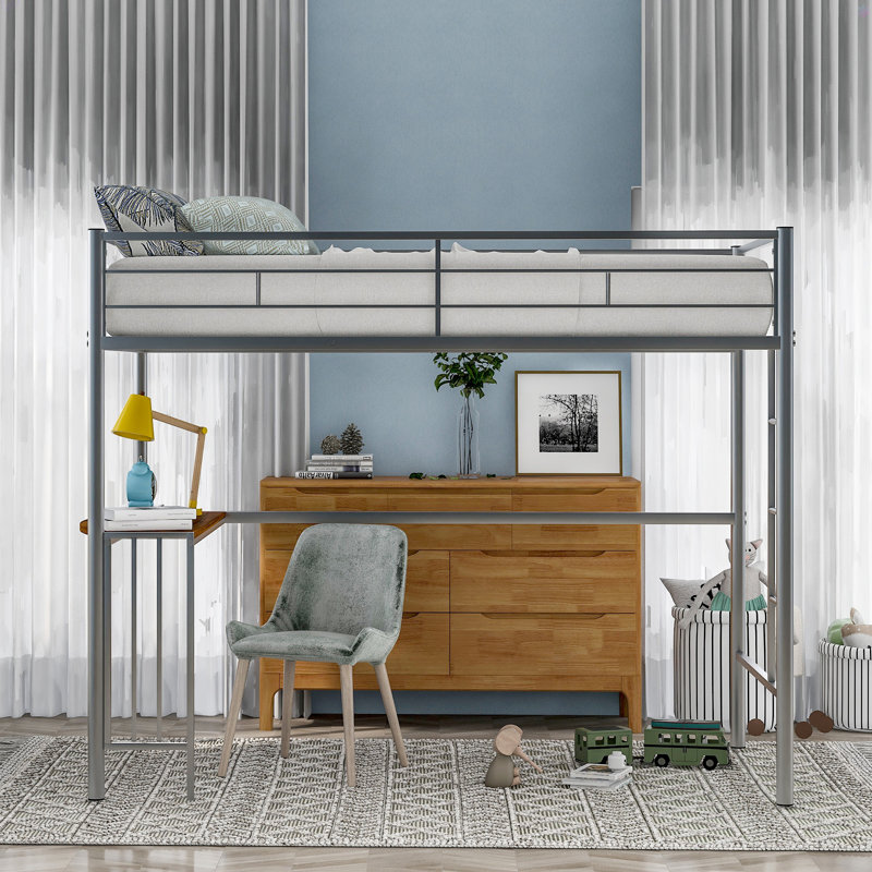 Lit mezzanine simple en métal avec bureau, échelle et garde-corps, lit mezzanine pour chambre à coucher, Argent argent