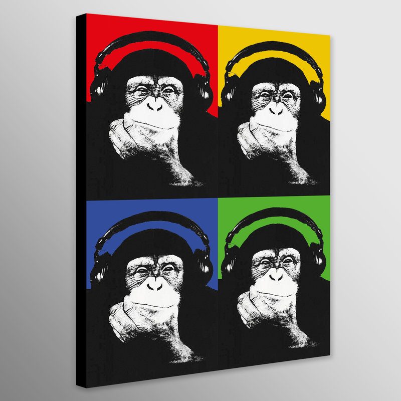 Monkey Headphones Thinking four colours Blue Green Red Yellow 1 Piece Wrapped Canvas Wall Art, 117" H x 81" W x 4" D
