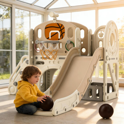 Glissade sécuritaire et interactive: conception 7 en 1 avec télescope, cerceau, anneau de lancer, grimpeur, tunnel, boîte de rangement, développe des compétences sociales pour les enfants de 6 ans: amusant