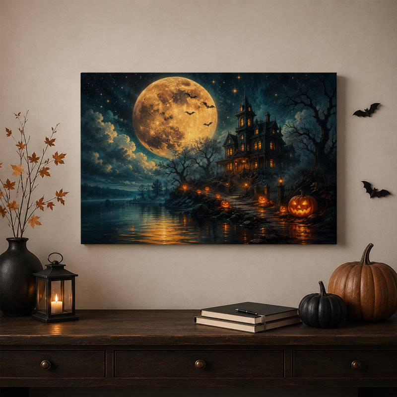 «Haunted House Under Giant Moon», H 24 po x l 36 po