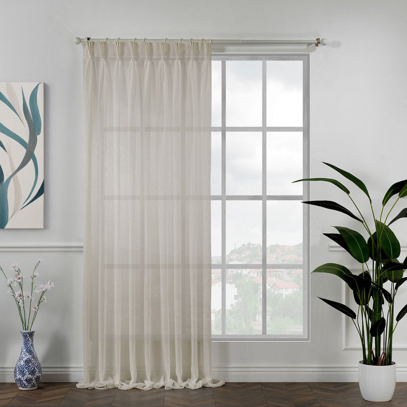 Pinch Pleated Extra Long & Extra Wide Faux Linen Semi Sheer Single Panel, Beige, 75" W x 180" L